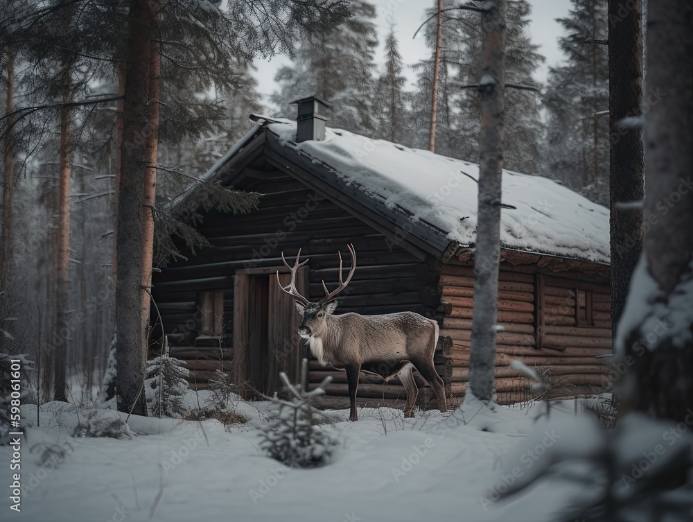 Majestic Reindeer: A Rare Encounter in the Abandoned Forest Cabin