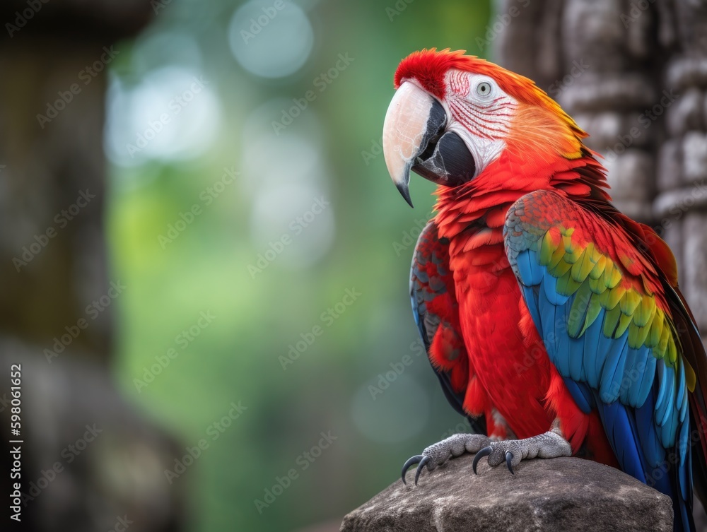 Vibrant Scarlet Macaw Perched on Ancient Mayan Temple in Tikal Park