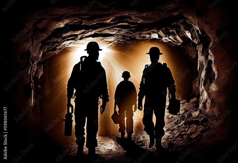 Fototapeta premium Silhouette of miners with headlamps working underground coal mine. generative ai