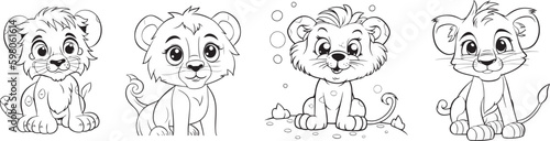 coloring book for kids, cute innocent baby lion vector character, black and white, 100% editable colorable