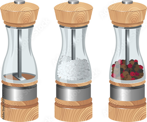 Spice grinder. Empty and filled pepper box. Kitchen utensils isolated on white.