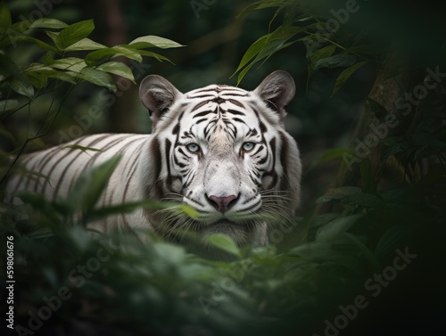 White Tiger Roaming Through Lush Jungle Towards Tranquil Lagoon