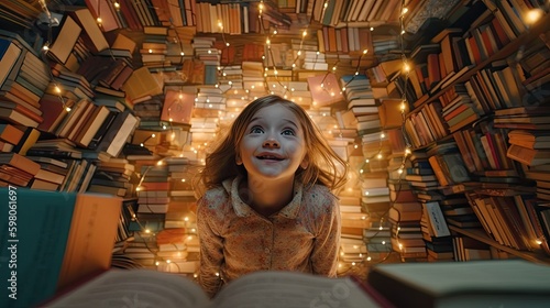 Happy smiling girl lies on stacks of books, dreamlike love for reading books, cute girl bookworm photo