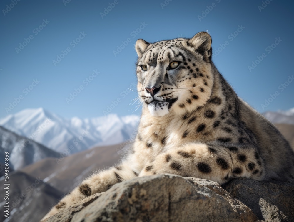 Fototapeta premium Snow Leopard Resting on Rocky Cliff in the Himalayas