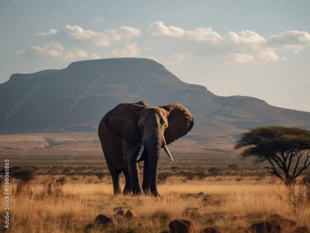 Majestic Elephant in Arid Savannah with Towering Mountains