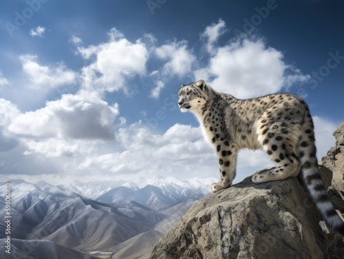 Snow Leopard Surveying Himalayan Mountains in Majestic Pose © Elias