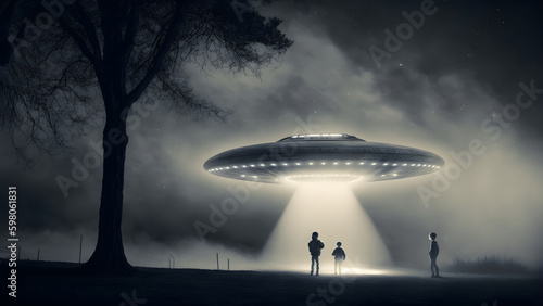 alien abduction concept, flying UFO saucer over kids silhouettes on the ground near tree, neural network generated in spring 2023. Not based on any actual scene or pattern. photo