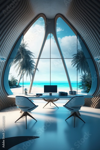 study room of a parametric futuristic luxury villa on the shore of the beach, palm trees and coconut trees around, deep blue skyline, very cozy lighting. generative ai © andrenascimento