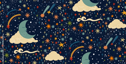 Night sky with colorful stars and moon seamless pattern. Cartoon vector illustration, sweet dreams concept.