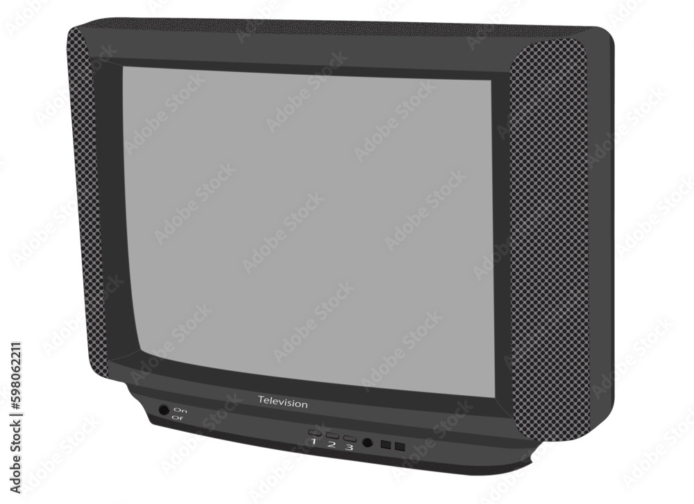 Old Television in gray color and shades with large screen push button controls Old Television in gray color and shades with large screen push button controls