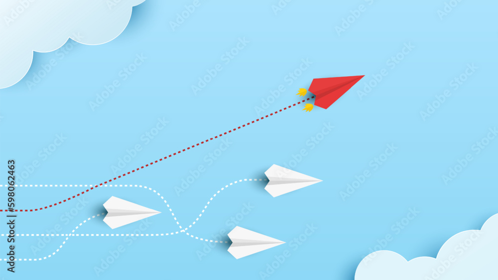 Red paper plane changing direction. Concept of creativity, new ideas, and innovative. Different business. Vector illustrations
