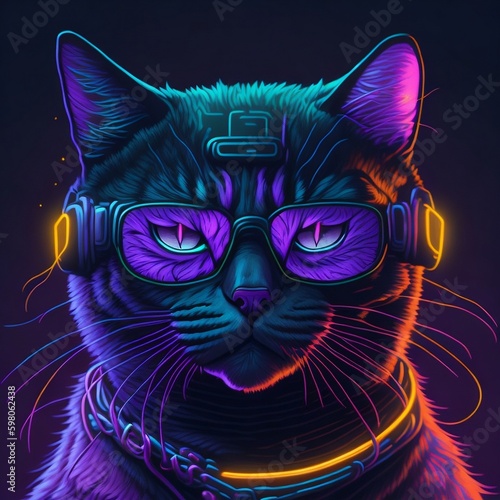 Neon gamer cat. Generative AI  © GaMe