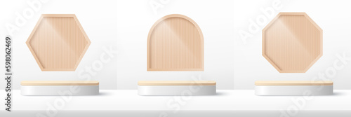 Set of podium platform to show product with beige hexagon, octagon and square background. White minimal scene for product display presentation