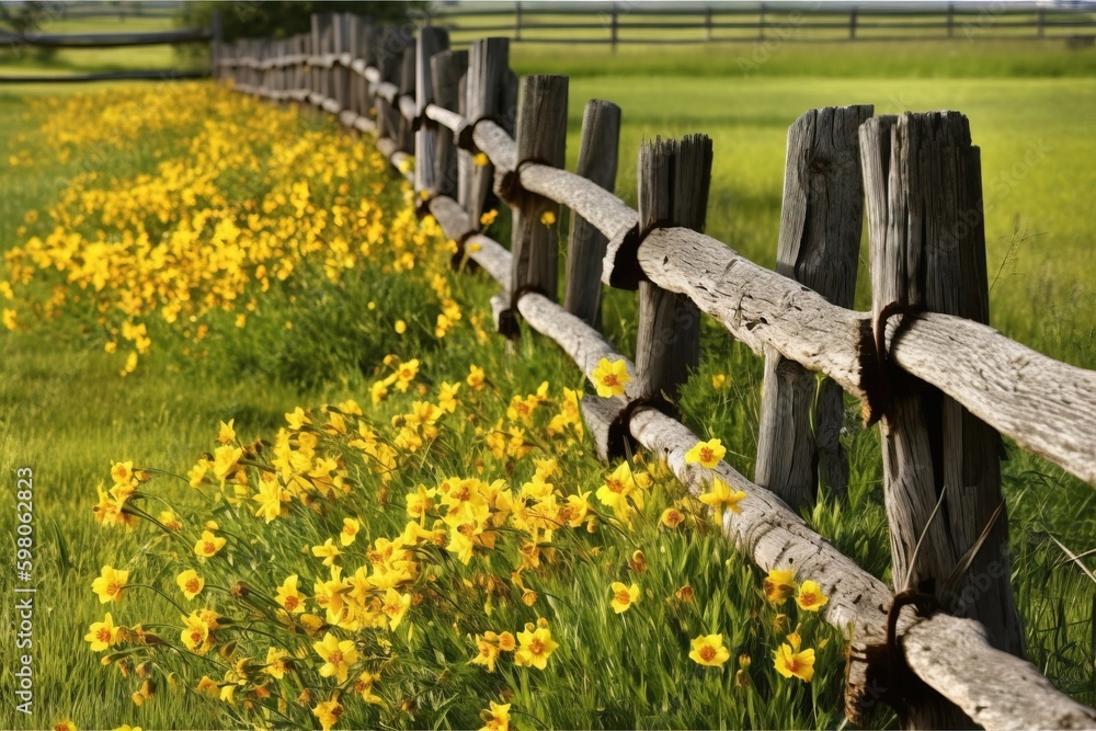 Fototapeta premium A wooden fence surrounding a field of yellow flowers