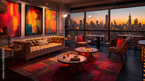 Luxury penthouse living room in New York City, modern luxury apartment with skyline city view. Generative AI.  © Eugen