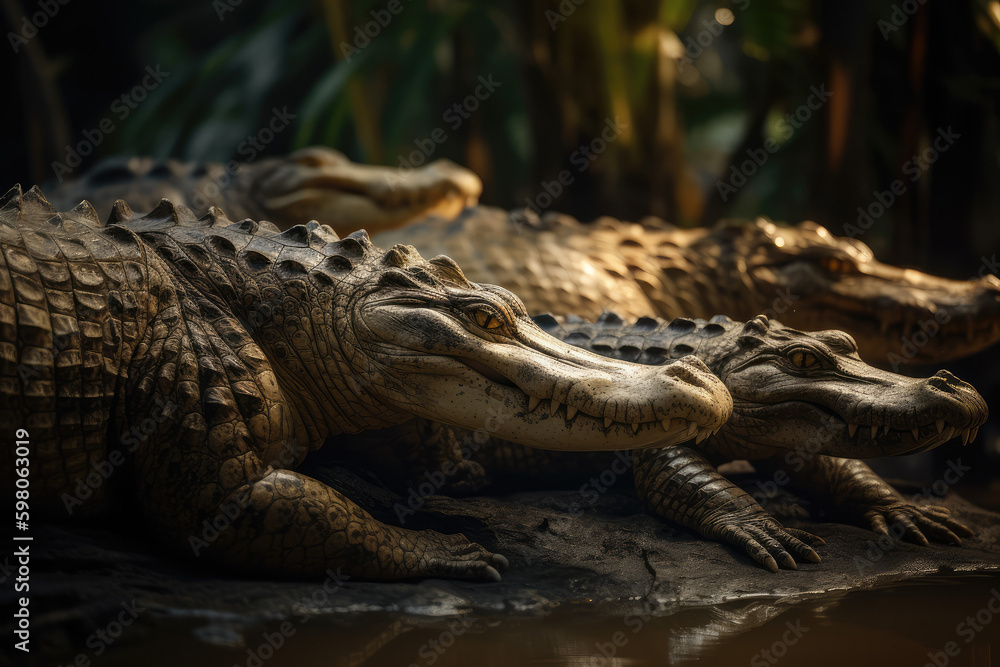 Obraz premium Crocodile, Crocodiles Group, Wild life, Wild Animals, Safari, Animal, Made by AI, AI generated, Artificial intelligence 