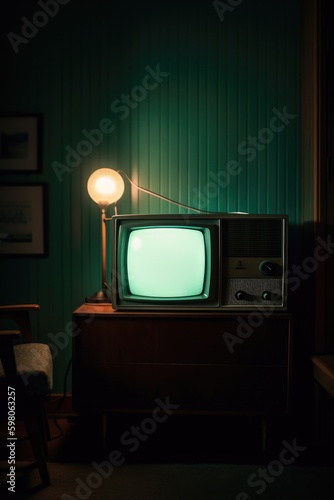 Vintage television set in living room, old tv, retro, white noise. Generative AI. © Let's-Get-Creative
