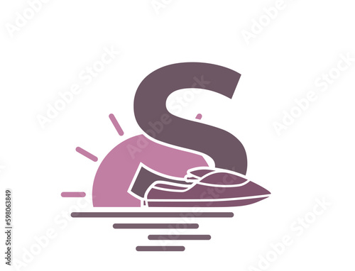 letter s with sea, sun and jet ski. vacation and resort alphabet logo. summer and exotic tourism design. vector image