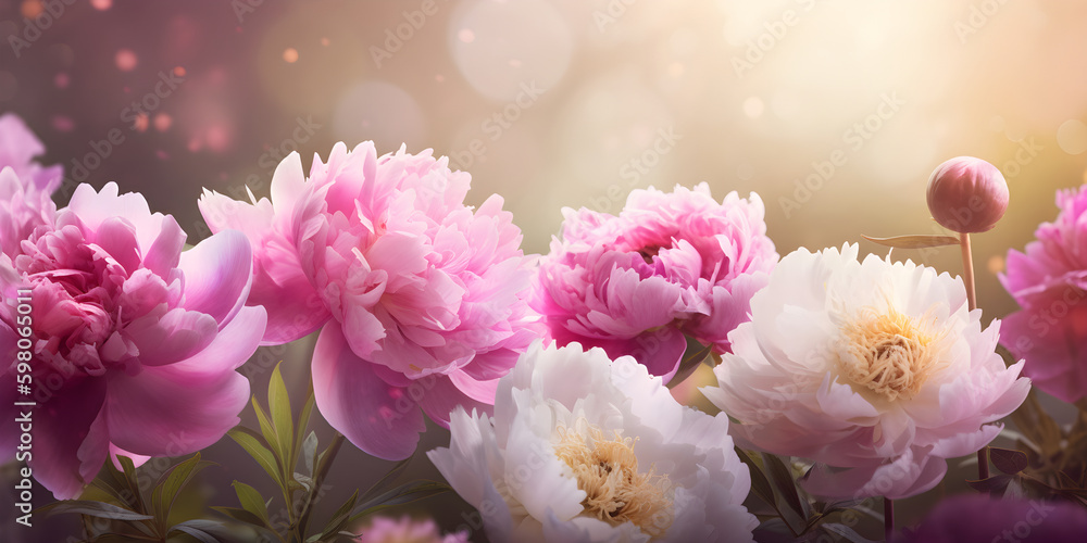 Blooming pink peony flowers wide long banner Blooming pink peony flowers wide long banner