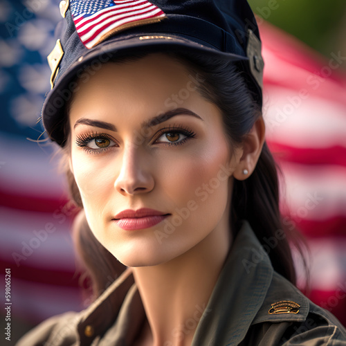 Very pretty woman in cap with flag, generative ai technology