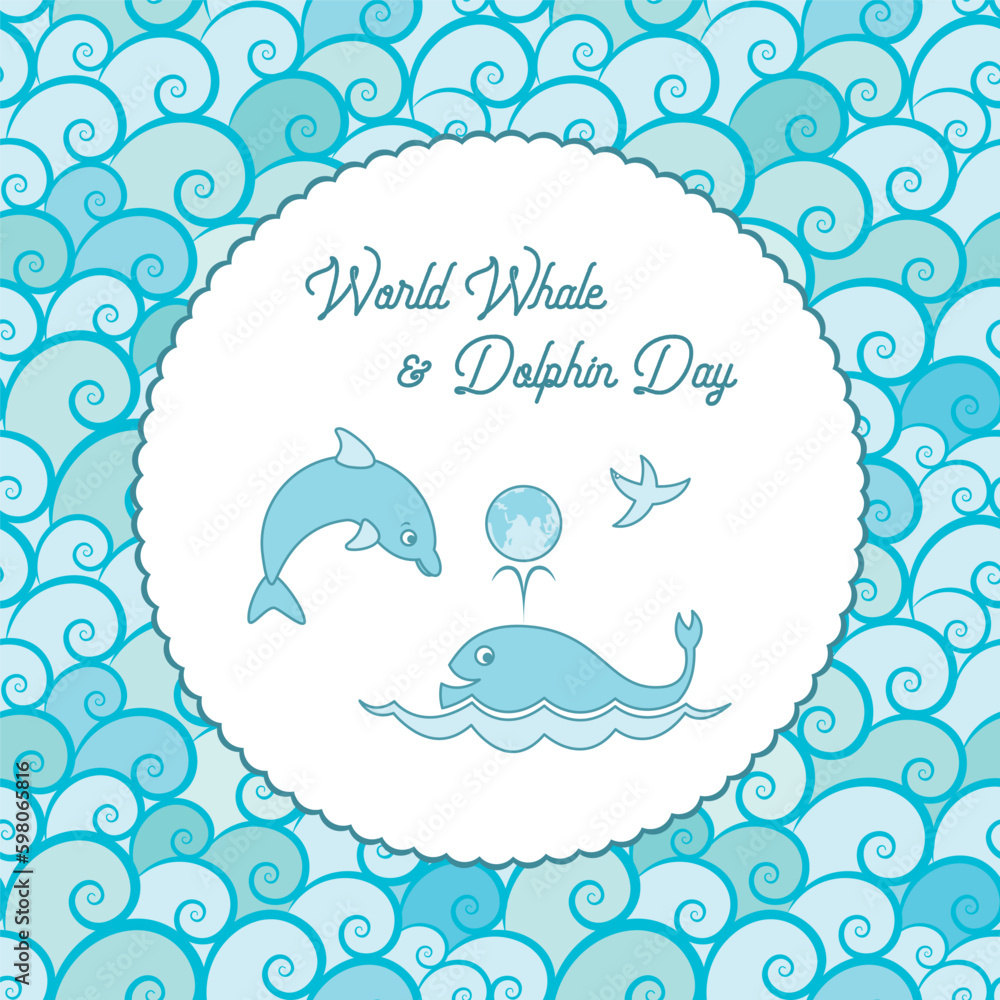 Naklejka premium World Whale and Dolphin day Vector Poster. Whale and Dolphin with lettering. Cartoon Illustration