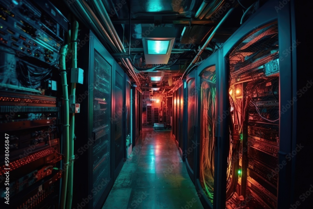 futuristic hallway with alternating red and green lights. Generative AI Generative AI