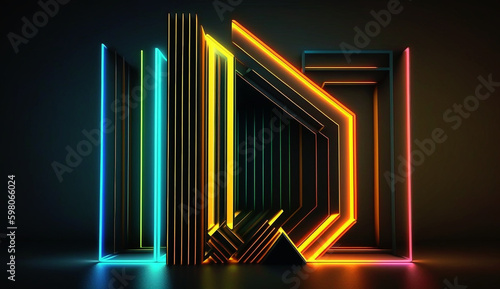 Abstract geometric line glowing with colorful neon light over black background, 3D Render .