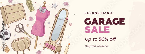 Garage promotional sale horizontal banner or flyer template with hand drawn vintage furniture and interior design elements. Garage sale concept vector illustration