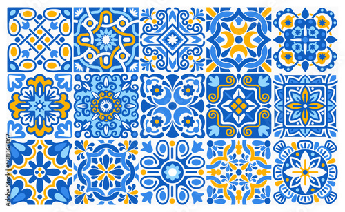 Azulejo mosaic tiles, blue, white, yellow colors square patterns with floral motifs. Mediterranean, Portuguese, Spanish traditional vintage ceramic tilework. Arabesque ornament with flowers. Vector