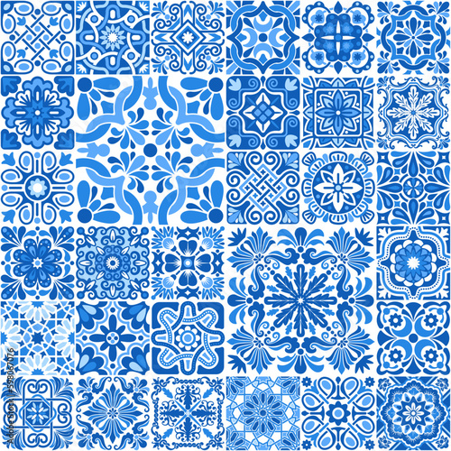 Azulejo mosaic tiles, square patterns with floral motifs, in blue and white colors. Mediterranean, Portuguese, Spanish traditional vintage ceramic tilework. Arabesque ornament with flowers. Vector