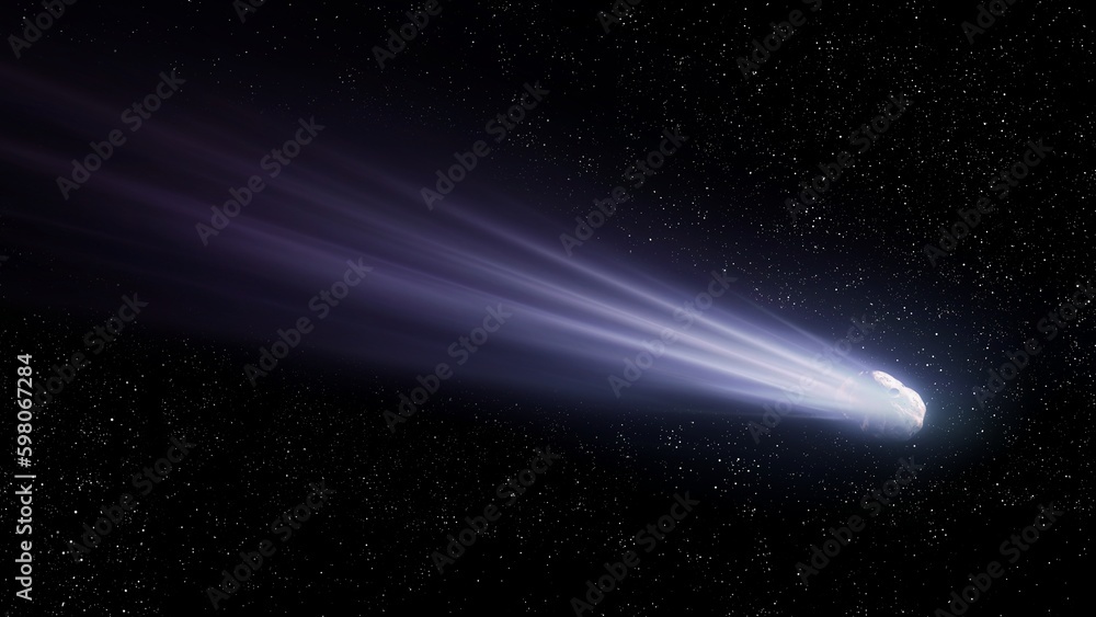 A comet in space with a bright tail against the background of stars. The glow of gas and dust evaporating from the comet's surface. A comet in space with a bright tail against the background of stars. The glow of gas and dust evaporating from the comet's surface.