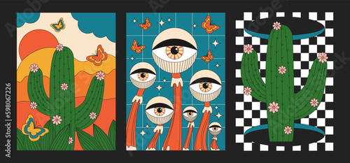Set of retro posters with cacti and psychedelic mushrooms. Can be used as vintage stylish flyers, wallpapers, postcards, posters. Stylish vector illustration using trendy color palette.