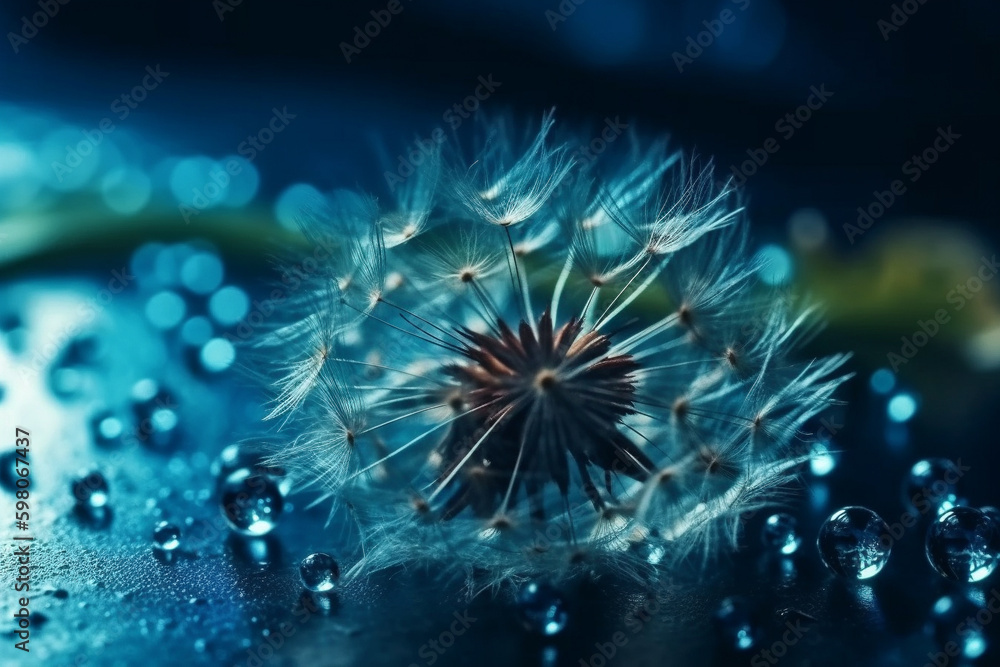 Obraz premium Dandelion Seeds in droplets of water on blue and turquoise beautiful background with soft focus in nature macro. Drops of dew sparkle on dandelion in rays of light. Created using generative AI.
