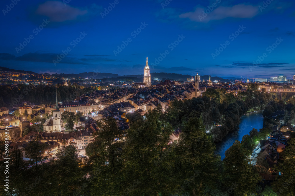 Scenic night panorama of Bern Old Town seen from Rose Garden viewpoint, Switzerland