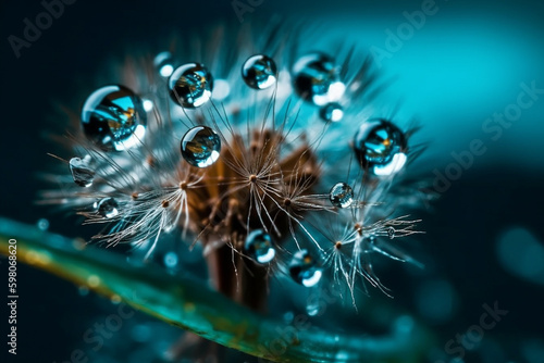 Dandelion Seeds in droplets of water on blue and turquoise beautiful background with soft focus in nature macro. Drops of dew sparkle on dandelion in rays of light. Created using generative AI. © hermes