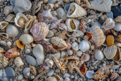 seashells scattered on a sandy beach. Generative AI Generative AI