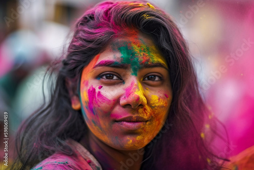 Indian woman celebrating Holi with colorful paint on her face. 