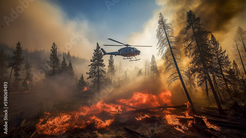 Helicopter fighting forest fire in nature. The burning flames are engulfing the trees. generative AI