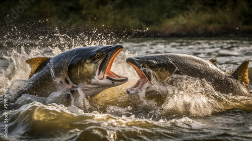 Two aggressive salmon fish fighting over food in a river. generative AI