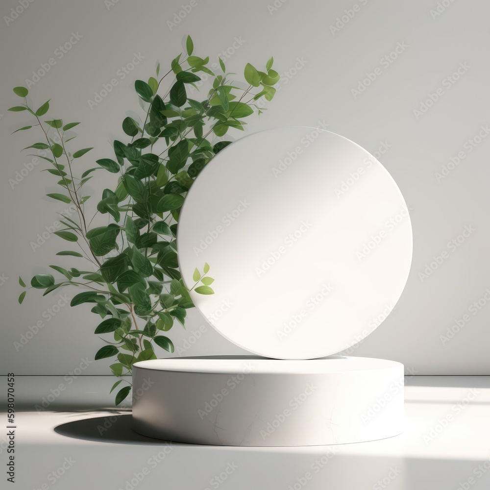 White podium display for product advertising. cosmetic product stand with green leafes decoration. abstract minimal advertise. white background generative ai illustration White podium display for product advertising. cosmetic product stand with green leafes decoration. abstract minimal advertise. white background generative ai illustration