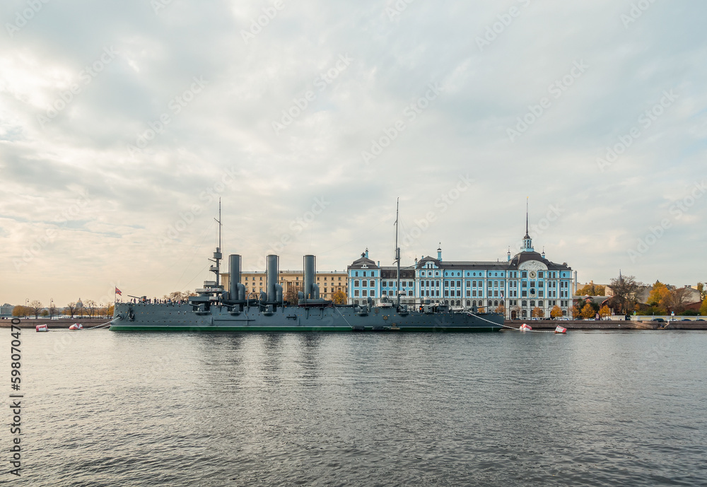 Aurora a Russian  cruiser, a museum ship in Saint Petersburg.,the symbol of the great October Revolution of 1917