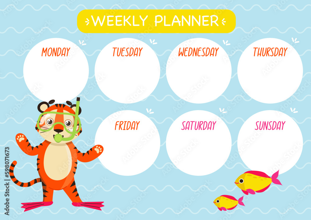 Childish cute week planner. Horizontal. With cute Tiger character, swimming mask and fins. Vector graphic.