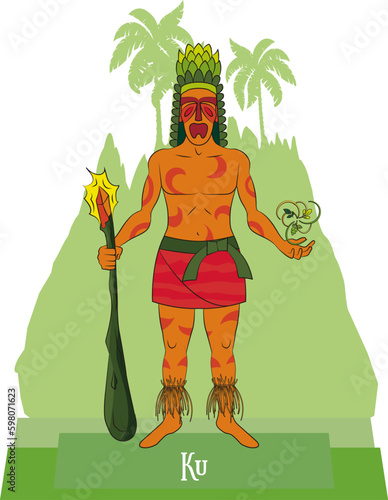 Illustration vector isolated of mythical Hawaiian, Polynesian, God, Ku, War, ancestors and sorcery god.
