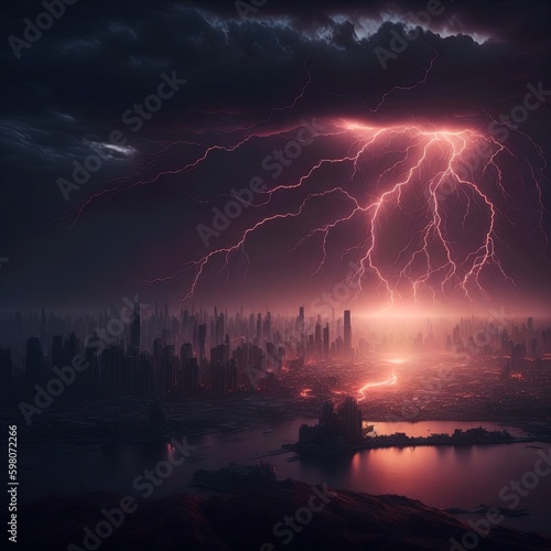 Dramatic Heavy lightning strikes city | Call for Content | Purple lightning | Generated by Ai Generative | Part 8