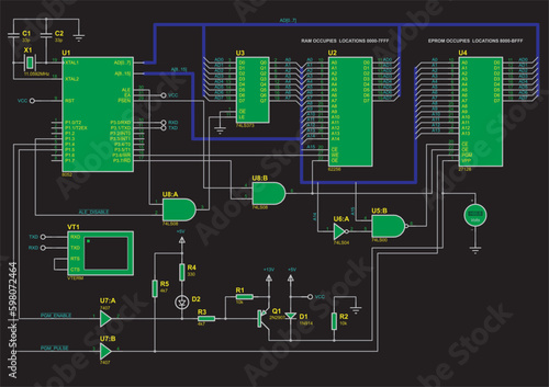 Schematic diagram of electronic device.
Vector drawing electrical circuit with microcontroller, voltmeter, ram and eprom chips, logic elements, resistor, capacitor and other electronic components.