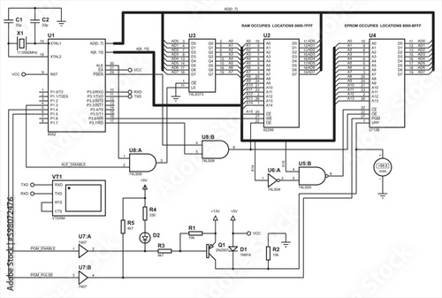 Schematic diagram of electronic device.
Vector drawing electrical circuit with microcontroller, voltmeter, ram and eprom chips, logic elements, resistor, capacitor and other electronic components.