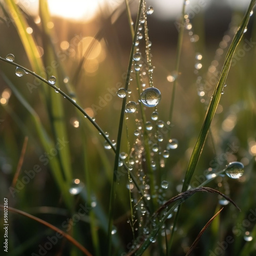 A beautiful large drop of morning dew in the grass sparkles in the rays of sunlight outdoors in nature. A drop of water on a blade of grass and free space for text. Created using generative AI.