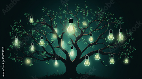 Glowing Lightbulbs Growing on Trees in Vector Style - Green Energy and Clean Energy Concept - Generative AI