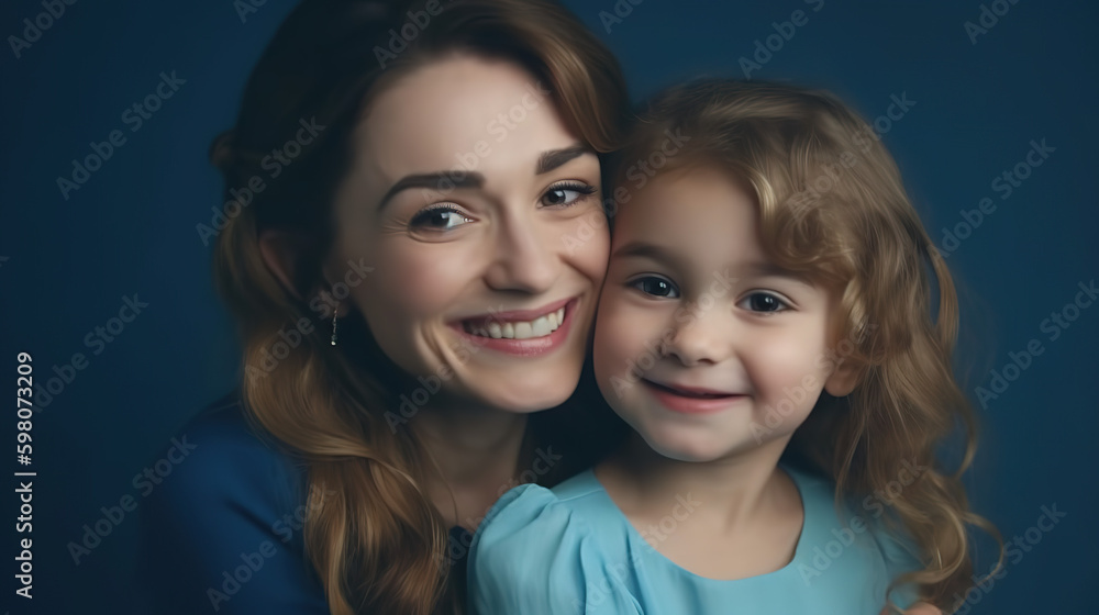 A little girl is hugging a smiling mom, photo taken in a studio with blue background - Generative AI A little girl is hugging a smiling mom, photo taken in a studio with blue background - Generative AI