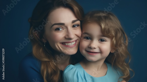 A little girl is hugging a smiling mom, photo taken in a studio with blue background - Generative AI